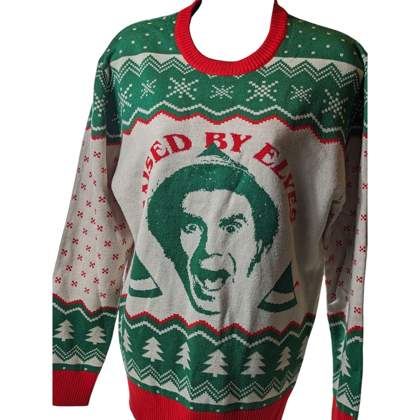 Elf Movie Raised by Elves Ugly Christmas Sweater Womens Small Holiday Sweatshirt