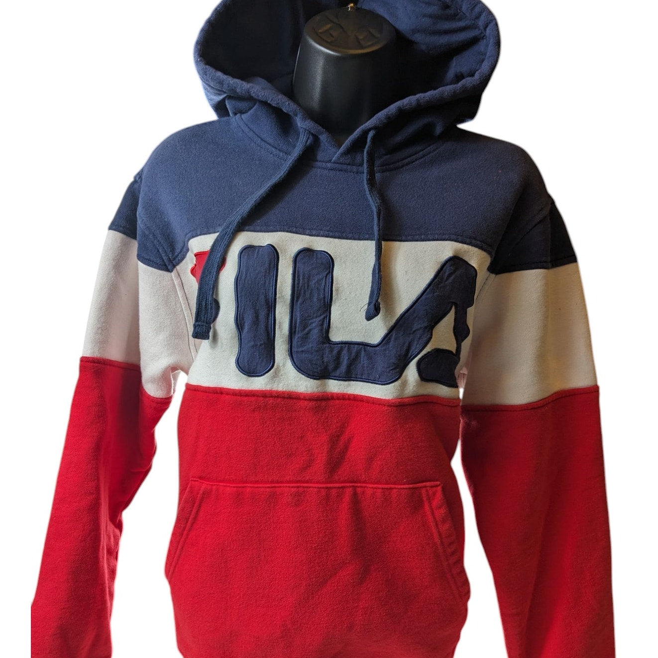 FILA Hoodie Women Medium Colorblock Pullover Red Blue Big Logo Sweatshirt Preppy