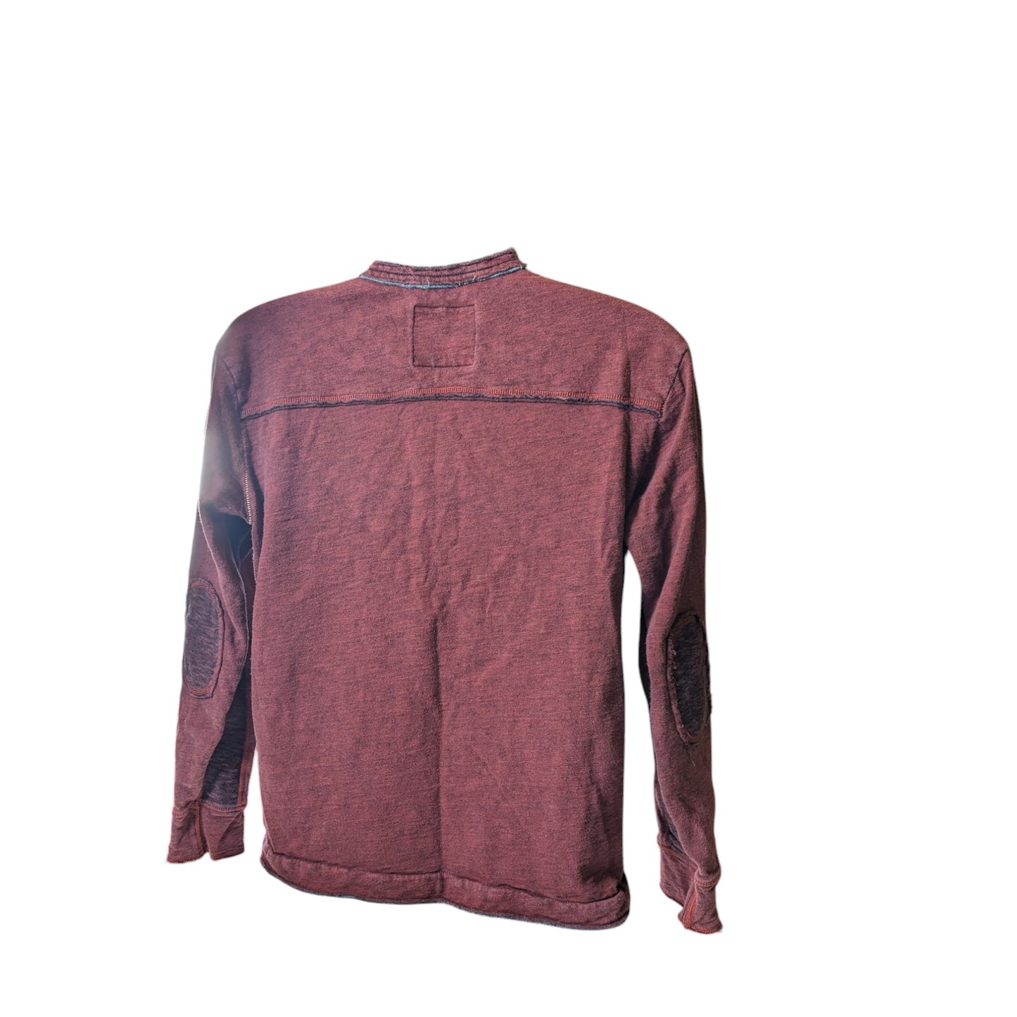 32 Bar Blues Henley Mens Medium Burgundy Long Sleeve Distressed Look Elbow Patch