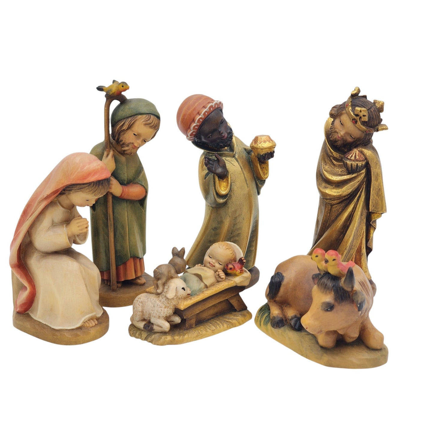 Vintage ANRI Nativity Set 6 Wood Italy Jesus Joseph Mary Balthasar Caspar Ox 6"