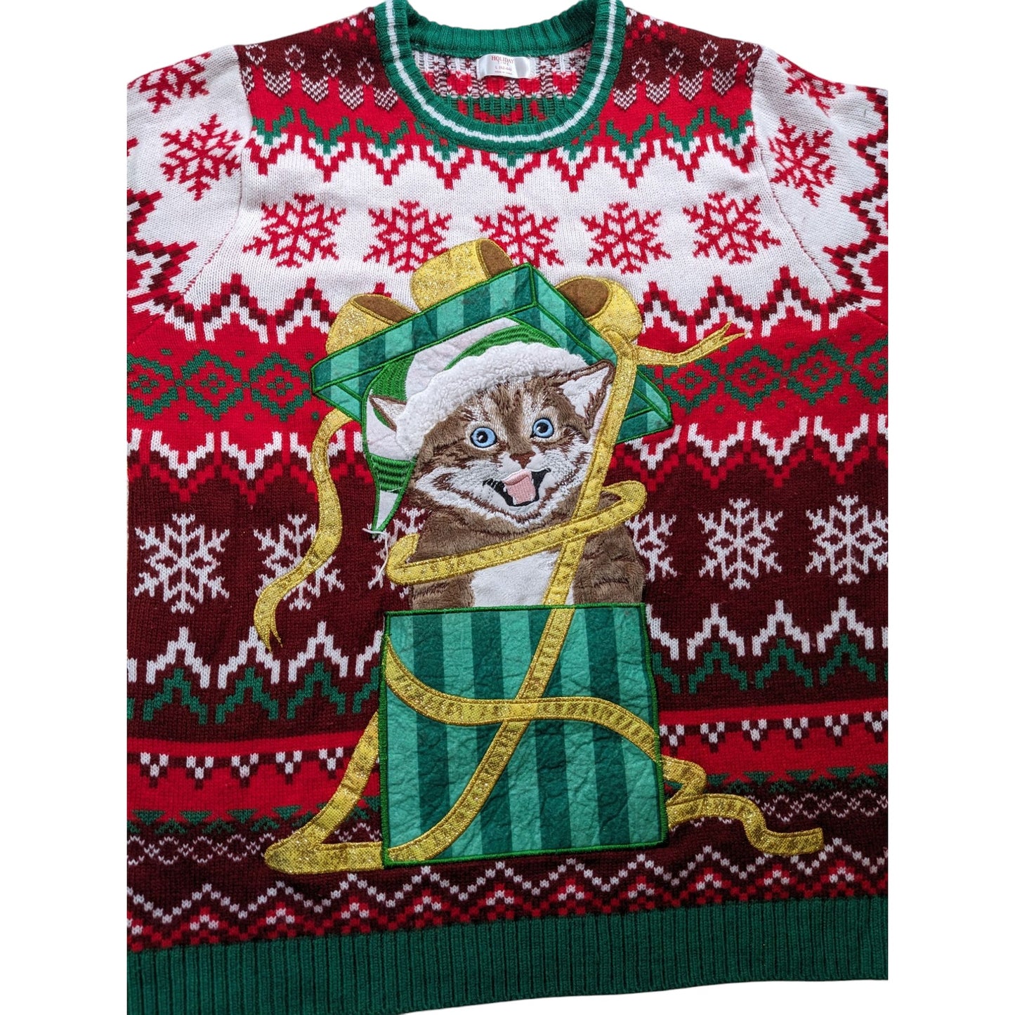 Holiday Time Ugly Christmas Sweater Mens Large Womens L-XL Kitten Cat Sweatshirt