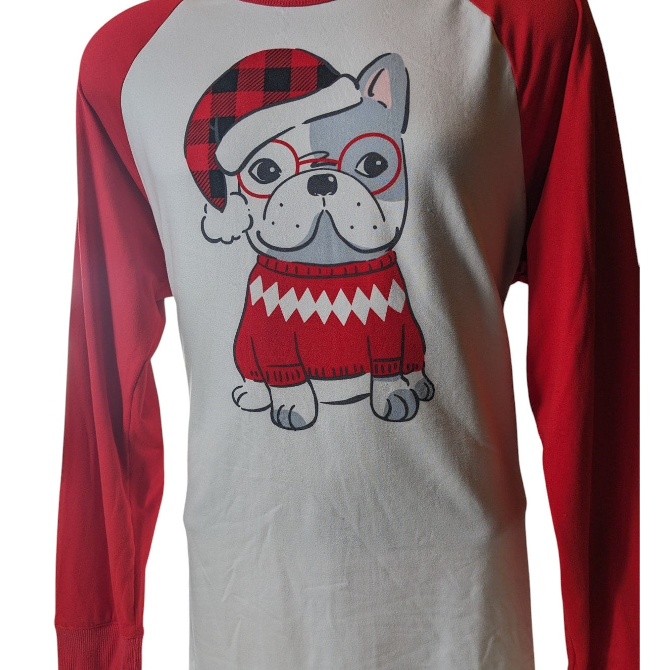 Cuddl Duds Bulldog Mens Large Jammies Christmas Pajama Shirt Red Long Sleeve Top