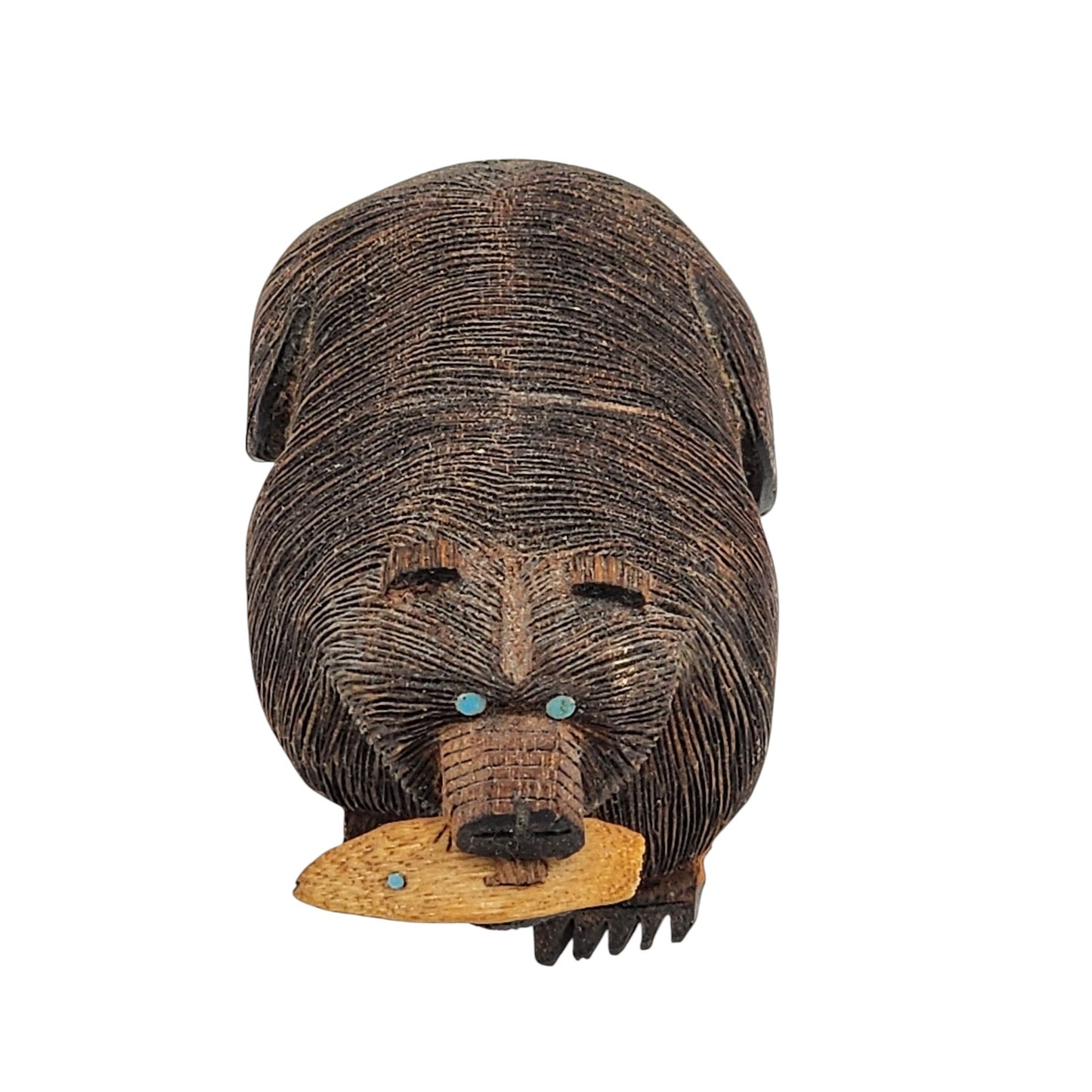 Native American Roderick Quam Zuni Bear Fetish Carved Wood Fish Turquoise Signed