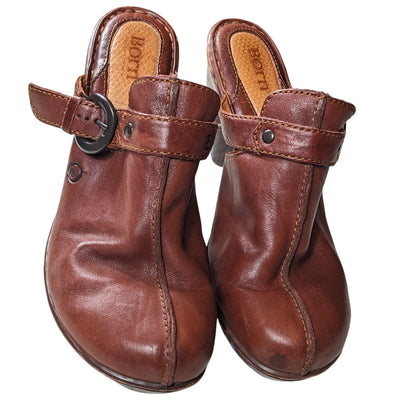 Born Shoes Womens 9 Heeled Clogs Brown Leather Slip On Mules Adjustable Strap