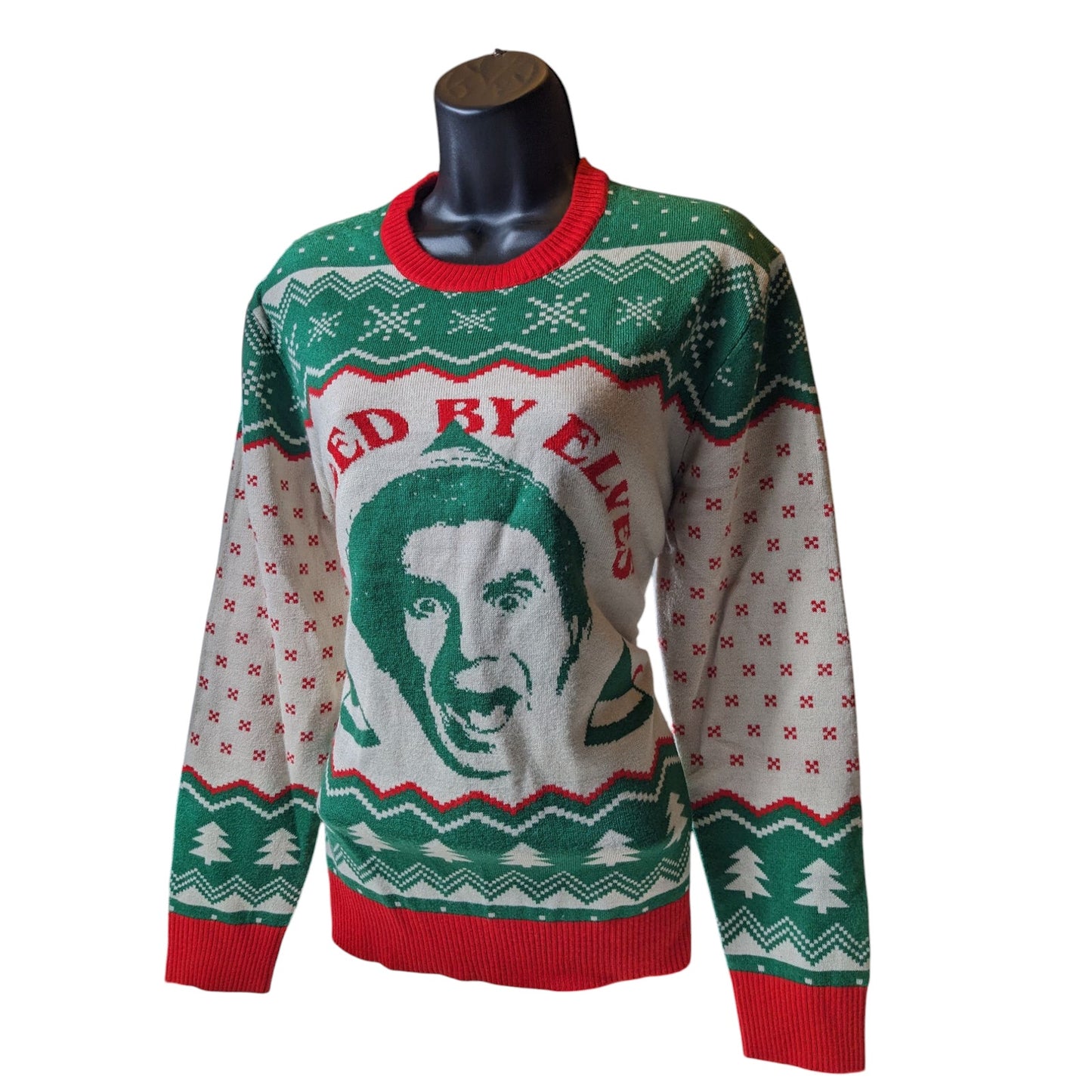 Elf Movie Raised by Elves Ugly Christmas Sweater Womens Small Holiday Sweatshirt