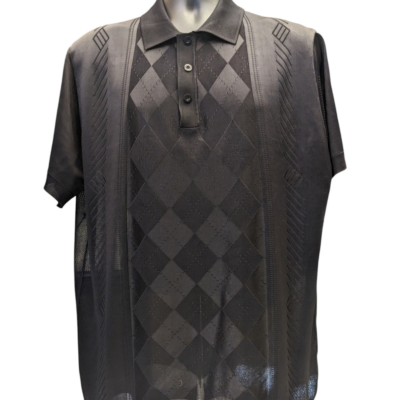 Saint Lorenzo Polo Shirt Mens 3X Sheer Knit Black Diamond Argyle Short Sleeve