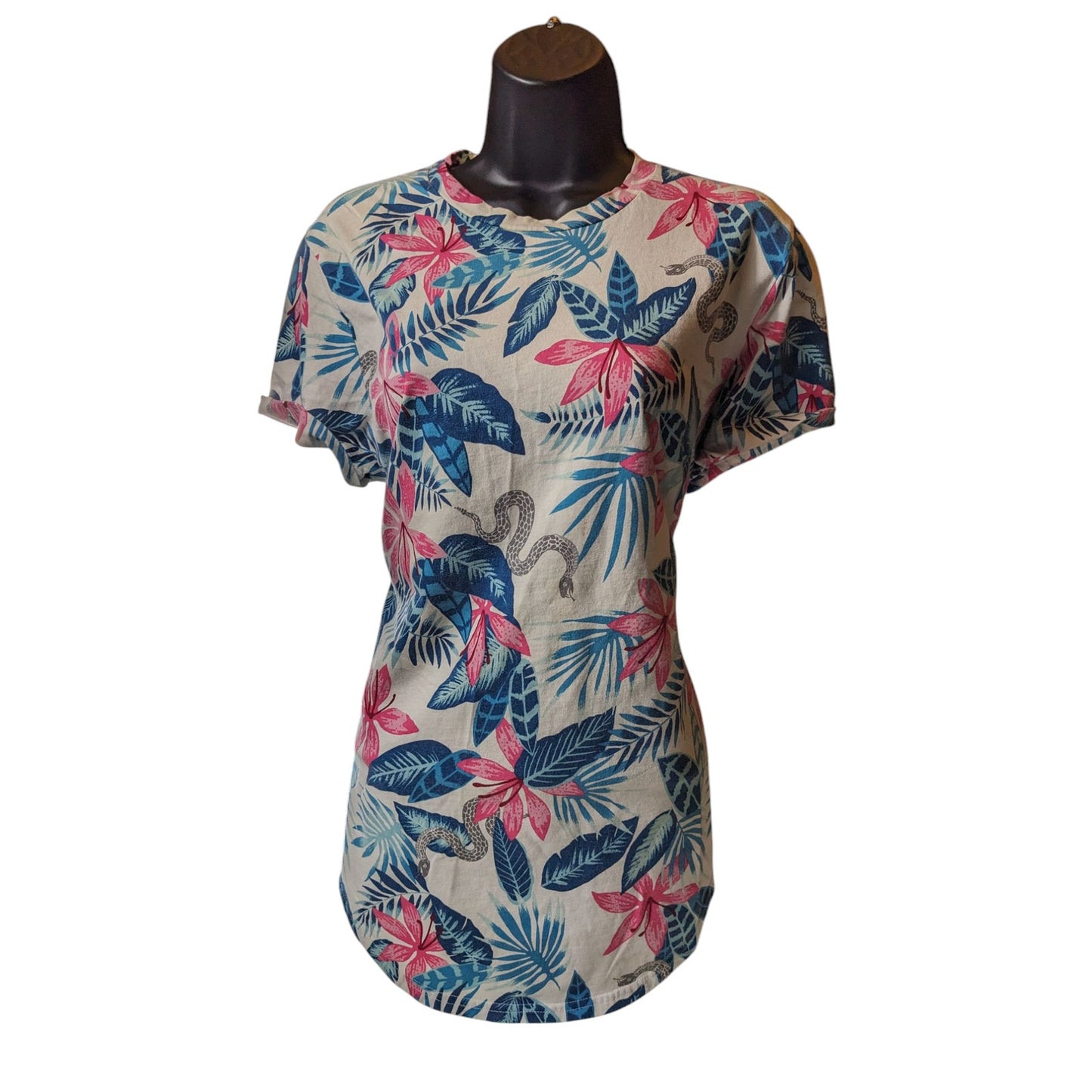 Hollister Top Womens Medium Short Curved Hem Tee Tropical Floral Snake T Shirt