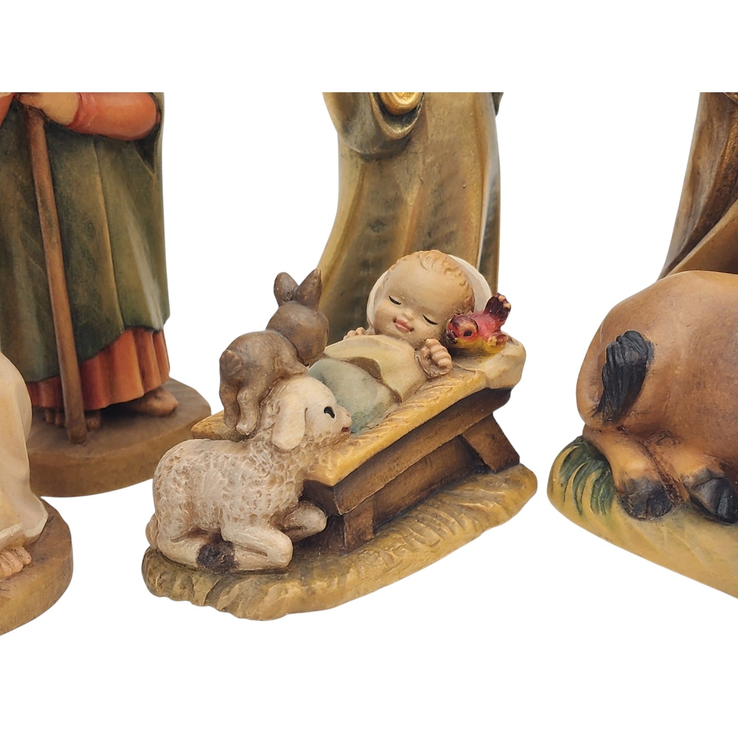 Vintage ANRI Nativity Set 6 Wood Italy Jesus Joseph Mary Balthasar Caspar Ox 6"