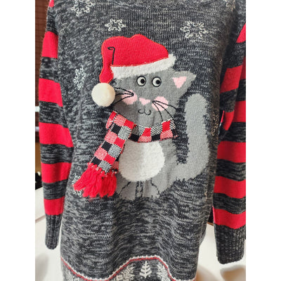 No Boundaries Sweater Cat Santa Hat Womens Large Ugly Christmas Sweatshirt 3D