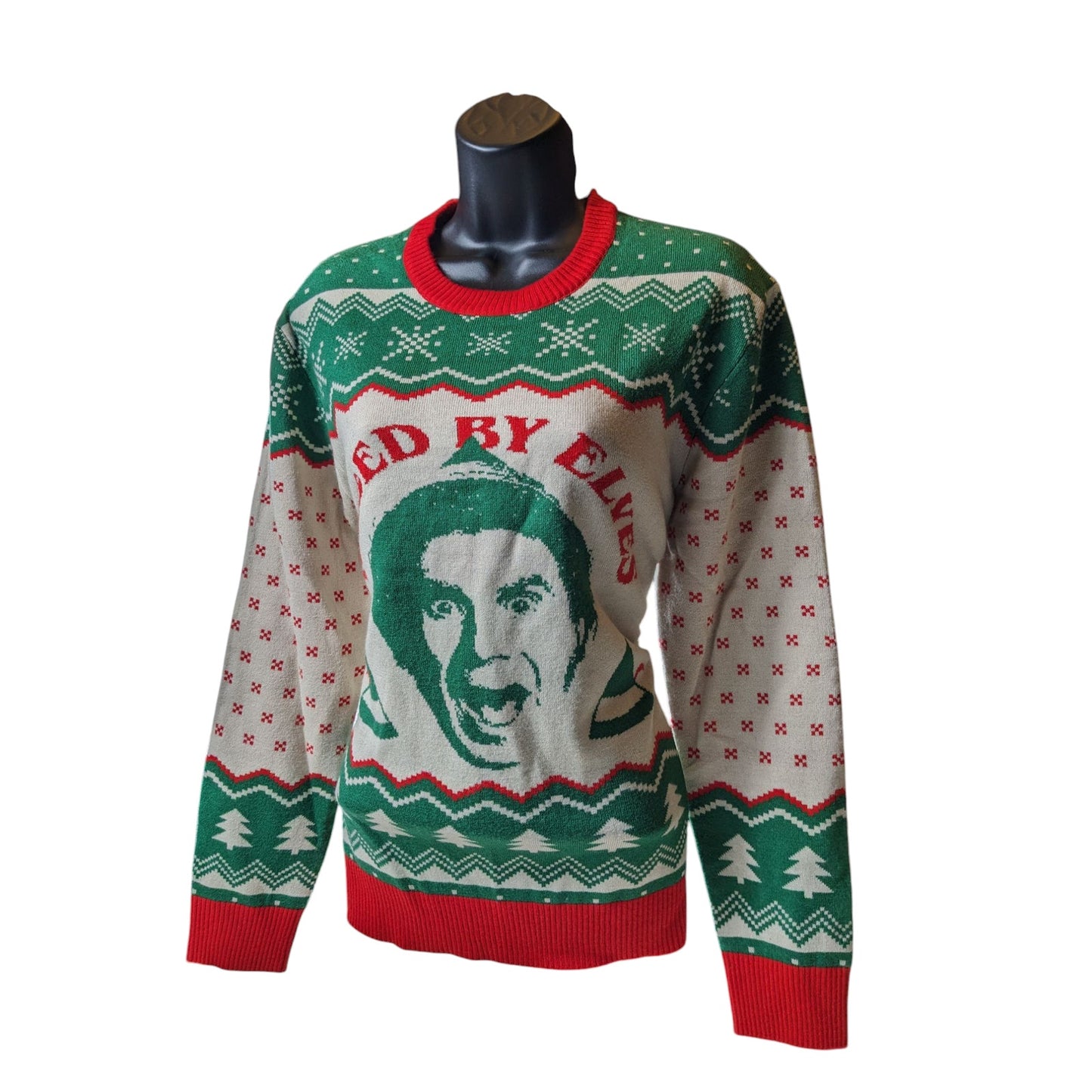 Elf Movie Raised by Elves Ugly Christmas Sweater Womens Small Holiday Sweatshirt