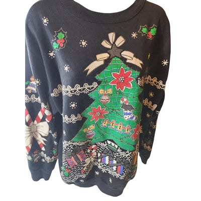 Holiday Time Christmas Sweatshirt Womens Large Ugly Xmas Sweater Tree Snowflakes