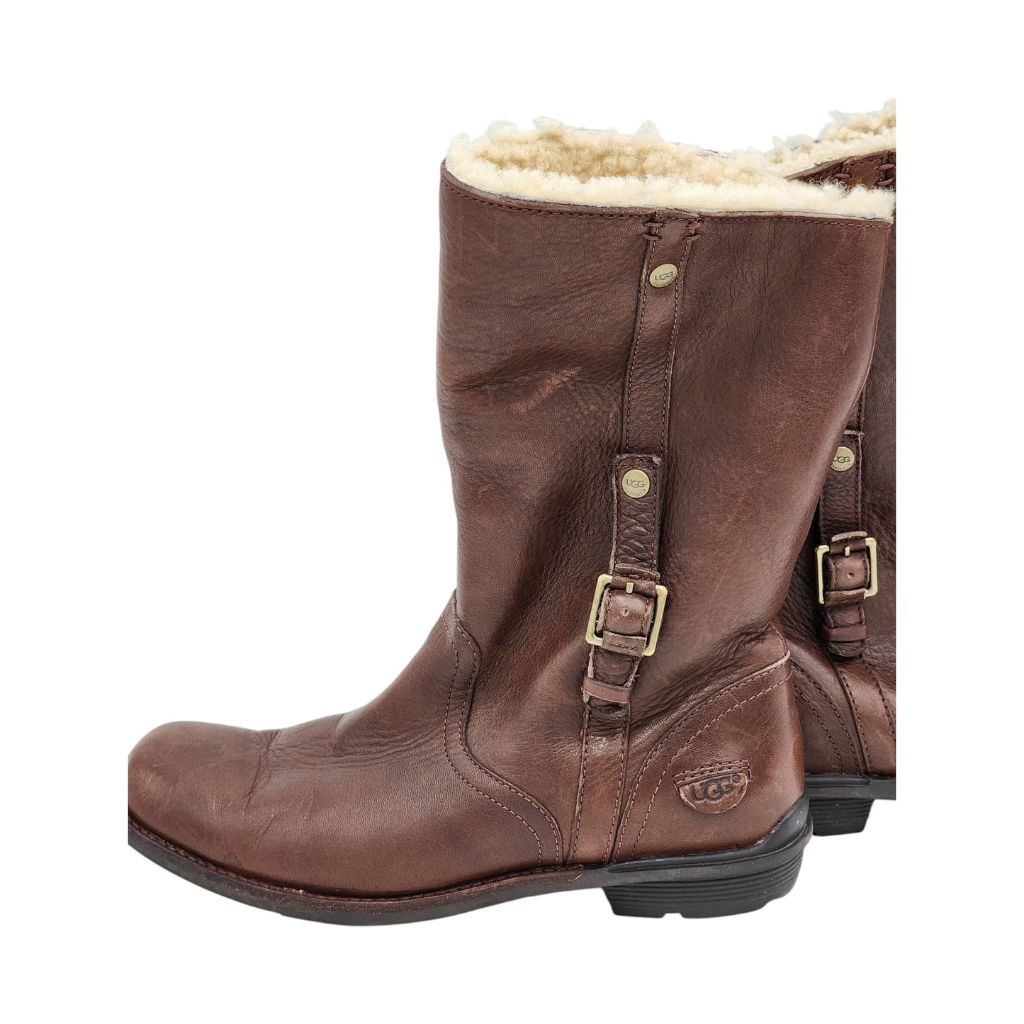 UGG Boots Women 8 Brown Leather Mid Shearling Line Side Zip Winter Bellevue 5745