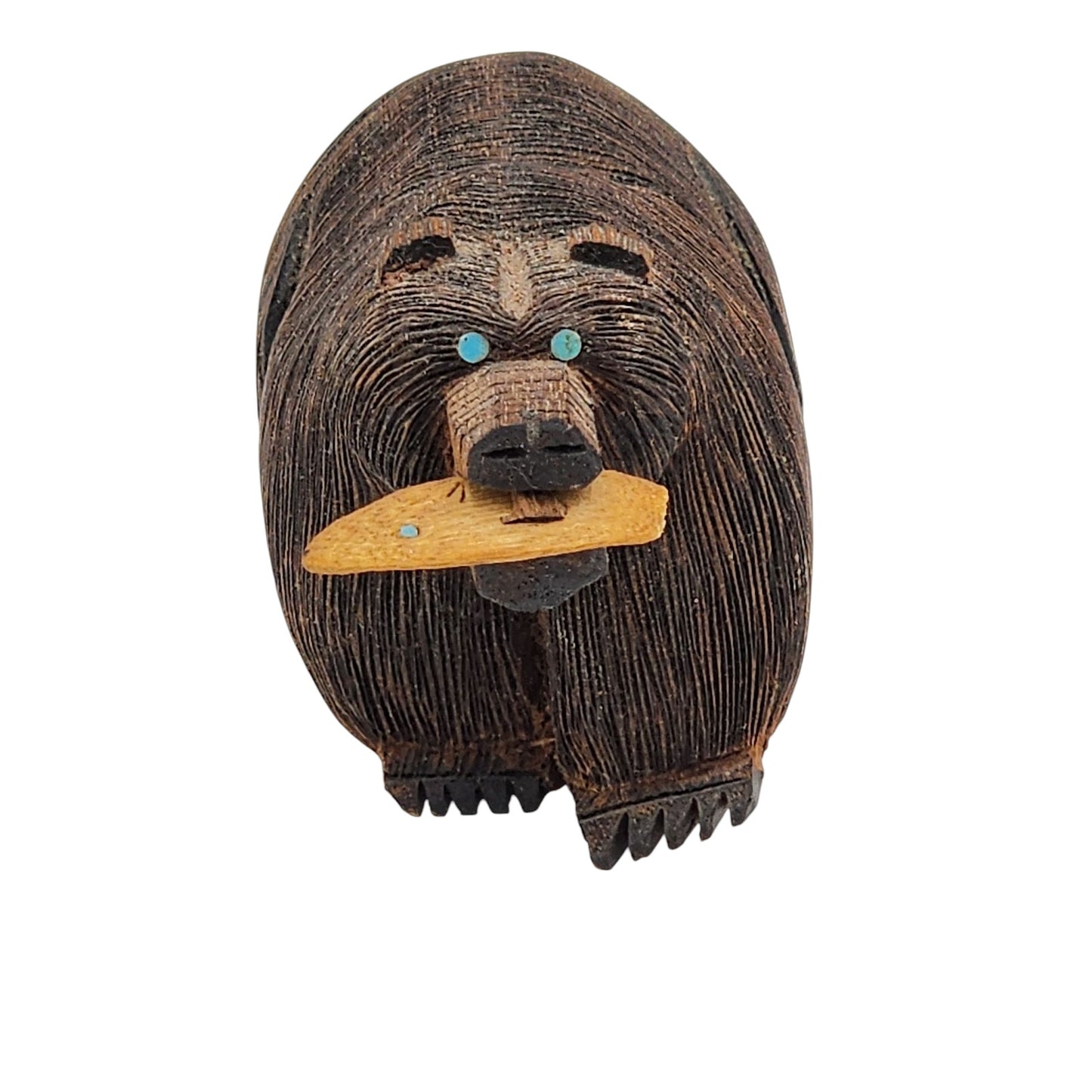 Native American Roderick Quam Zuni Bear Fetish Carved Wood Fish Turquoise Signed