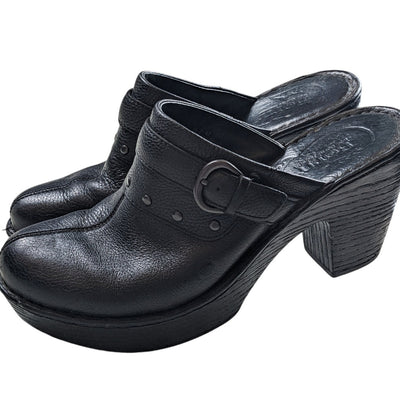 Born Shoes Womens Size 10 EU 42 Black Leather Clogs Comfort Slip On Mules Buckle