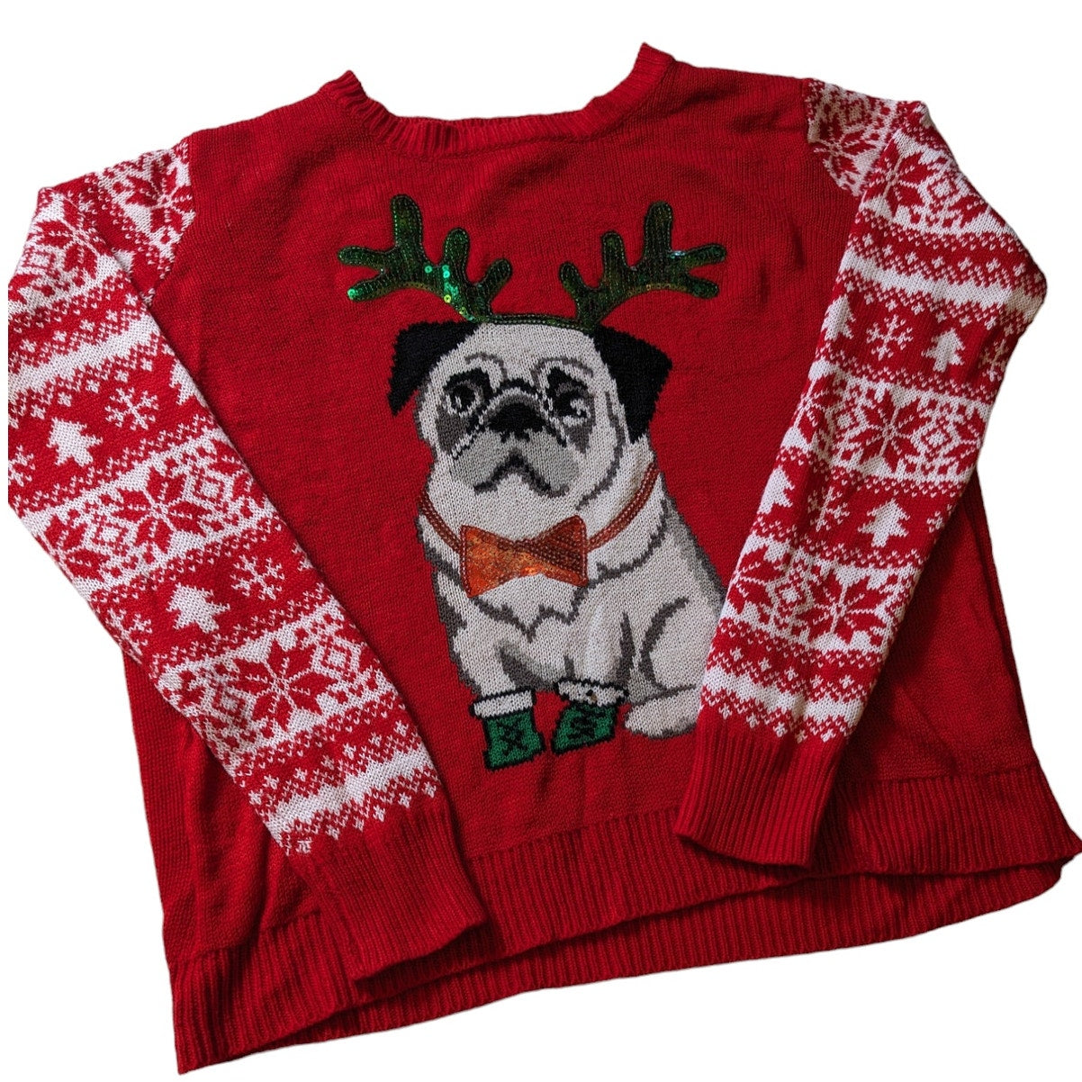 Absolutely Famous Ugly Christmas Sweater Womens XL Festive Pug Snowflake Holiday