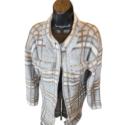 Madison Plaid Knit Cardigan Sweater Womens Large Open Front Layering Rhinestone