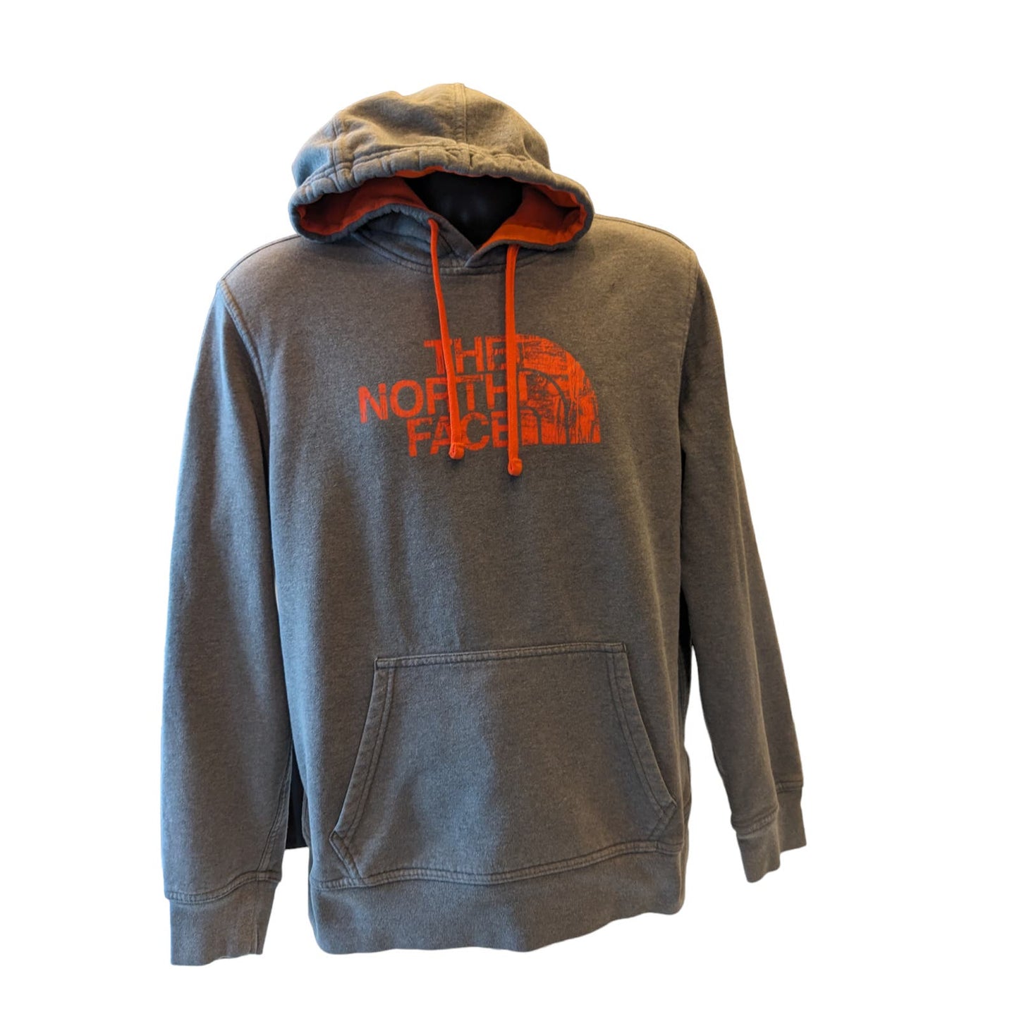 North Face Hoodie Mens Medium Gray Orange Pullover Kangaroo Pocket Drawstring