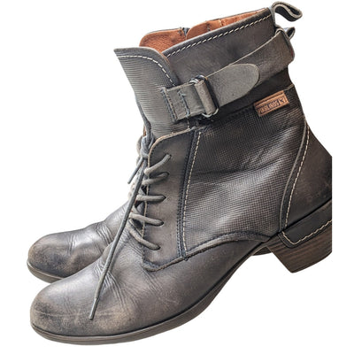 Pikolinos Ankle Boots Womens 38 7.5-8 Booties Lace Up Side Zip Leather Distress