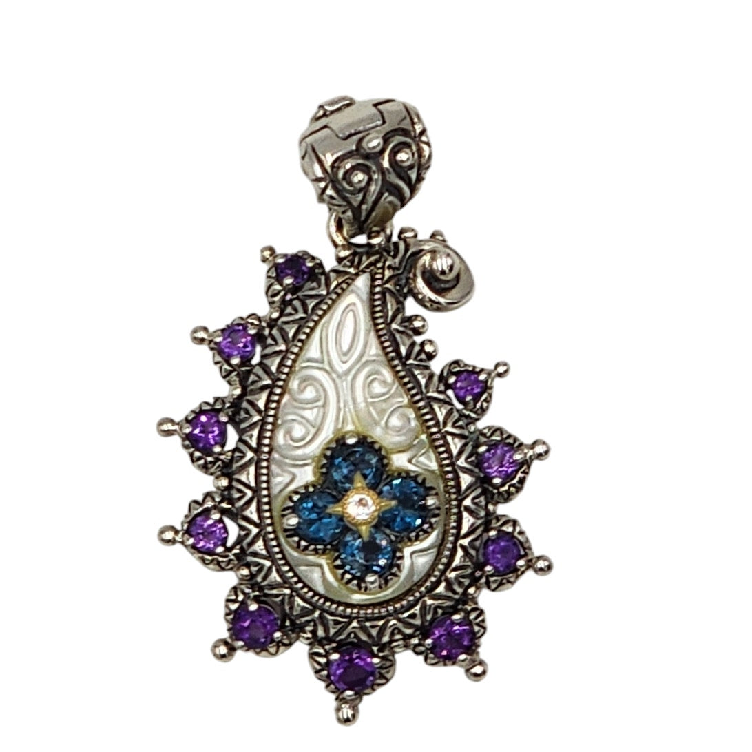 Barbara Bixby Jewelry Pendant Enhancer Amethyst Blue Topaz Sterling 18K Gold Mop