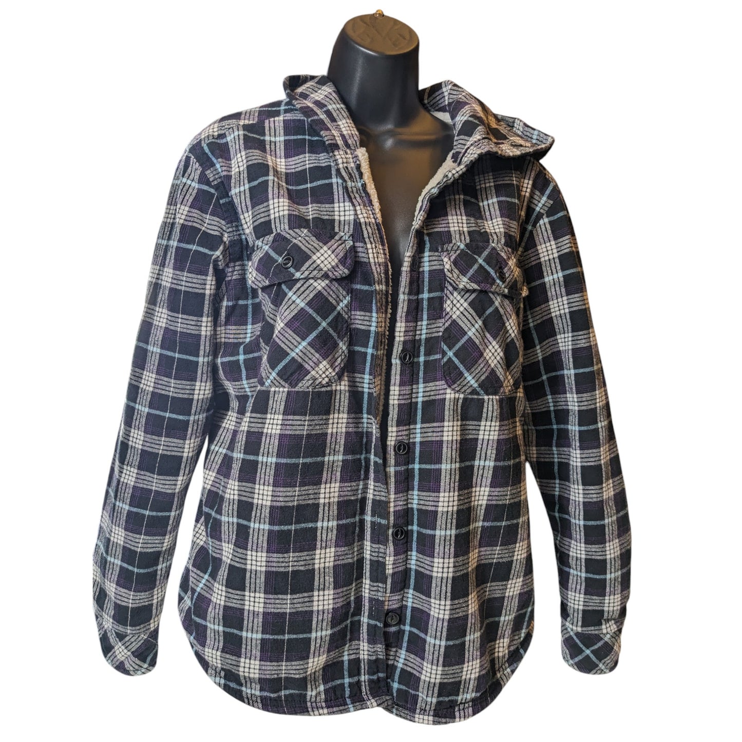 Boston Traders Flannel Jacket Shirt Women Large Sherpa Line Hooded Plaid Shacket