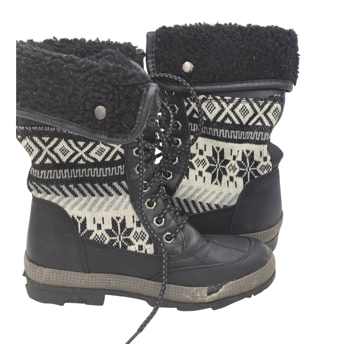 Rue 21 Boots Women 6/7 Knit Fair Isle Style Snow Boots Fold Over Faux Fur Lining