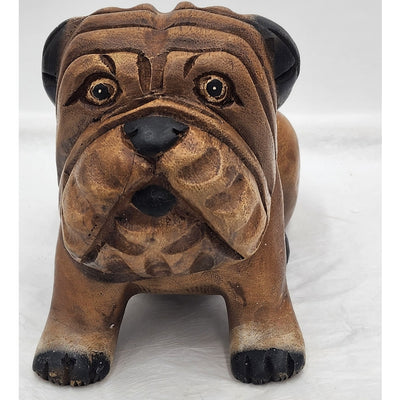 Vintage Bulldog Statue Carved Wooden Dog Figurine Farmhouse Animal Gift Decor 6"