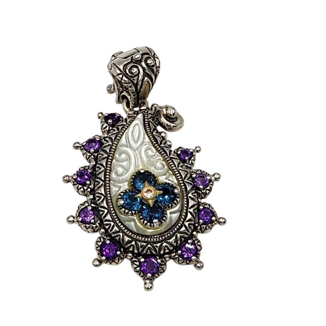 Barbara Bixby Jewelry Pendant Enhancer Amethyst Blue Topaz Sterling 18K Gold Mop