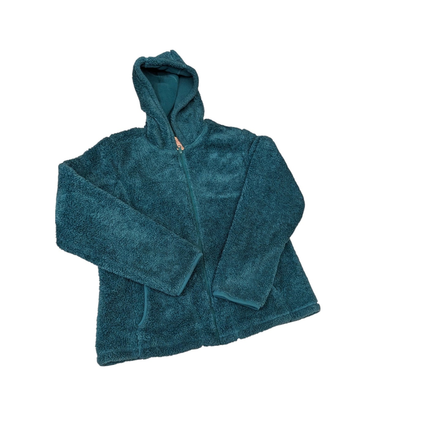 Faded Glory Sherpa Fleece Jacket Womens Large 12-14 Teal Hooded Zip Cozy Lounge