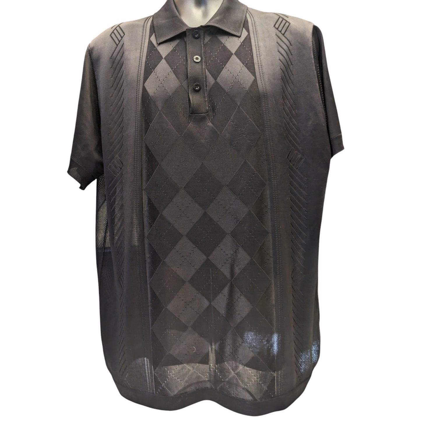 Saint Lorenzo Polo Shirt Mens 3X Sheer Knit Black Diamond Argyle Short Sleeve