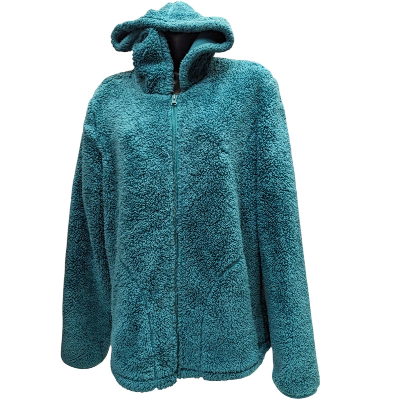 Faded Glory Sherpa Fleece Jacket Womens Large 12-14 Teal Hooded Zip Cozy Lounge