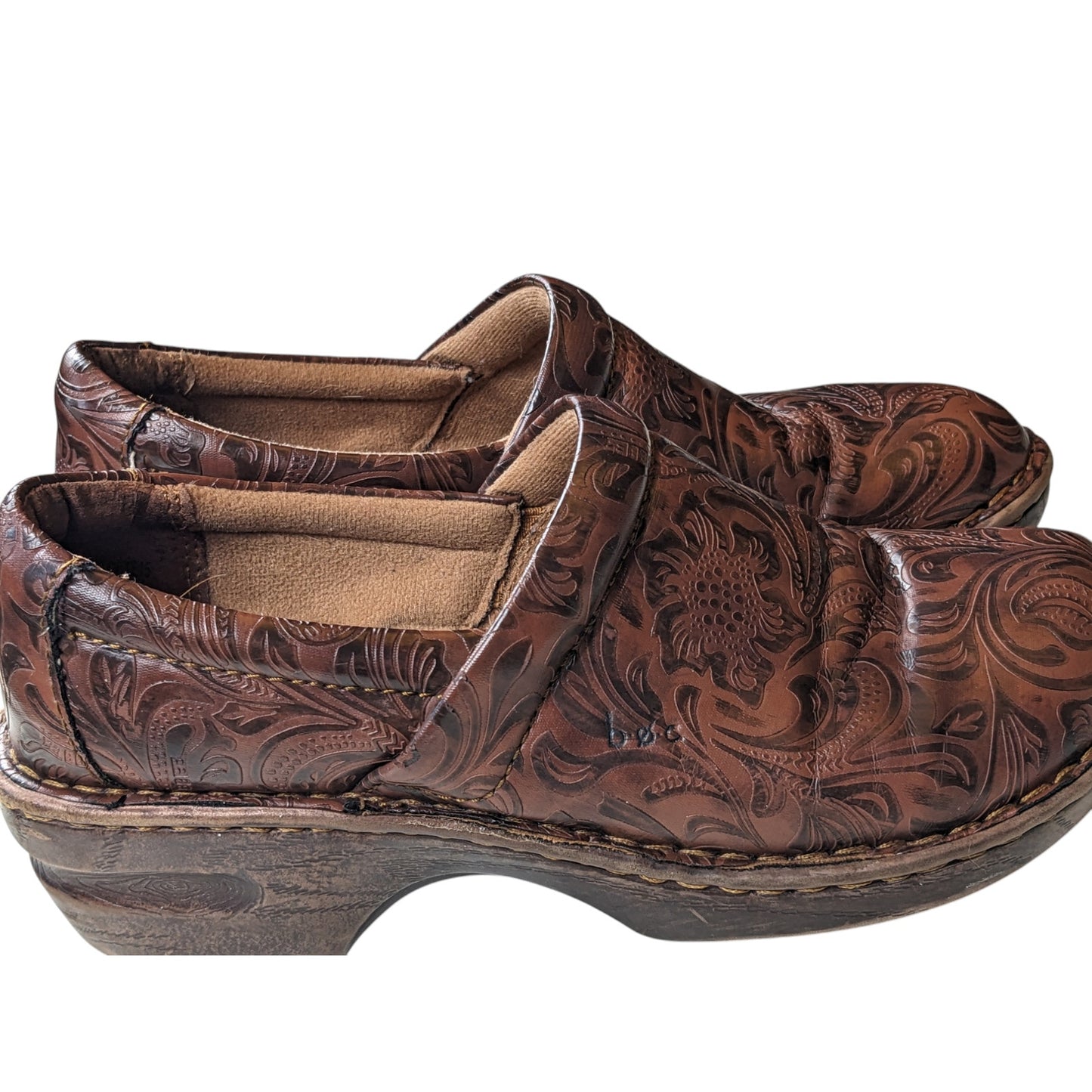 Born Shoes Womens 8M Brown Leather Floral Clogs Slip On Comfort Cushioned Boho