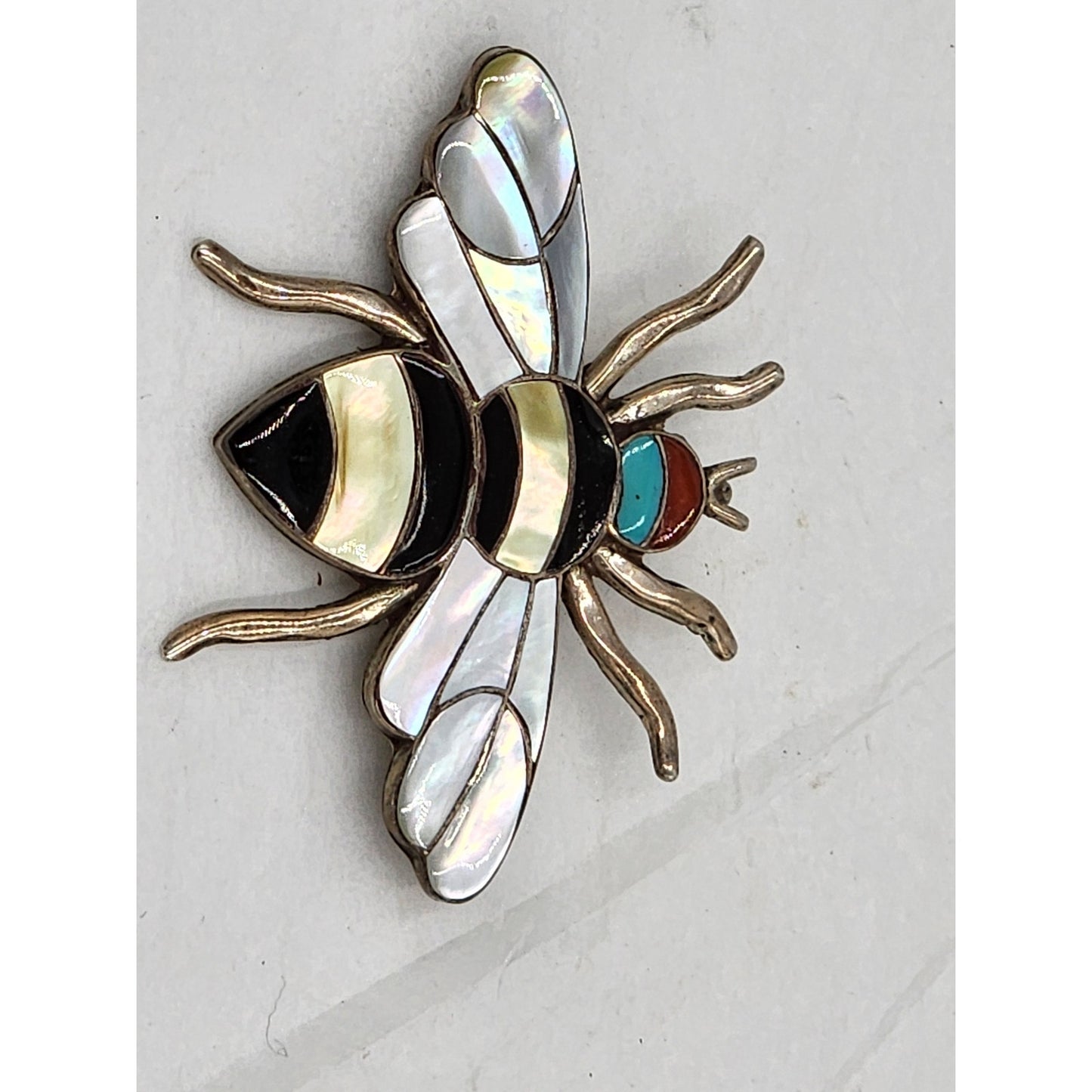 Vintage Native American Porfilio Sheyka Zuni Bee Brooch Pendant Turquoise Inlay