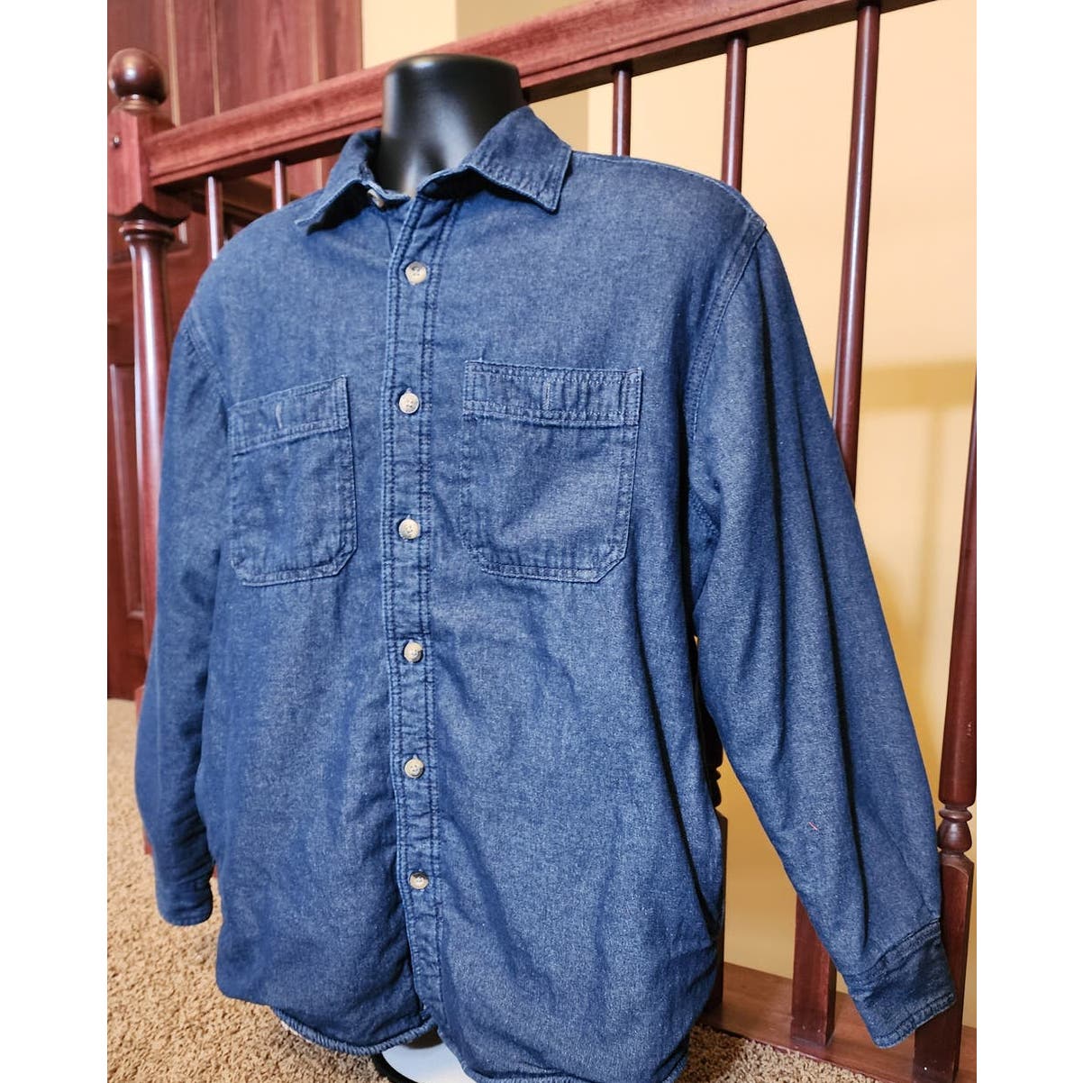 Wrangler Blue Denim Shirt Mens Medium Long Sleeve Sherpa Shacket Fleece Western