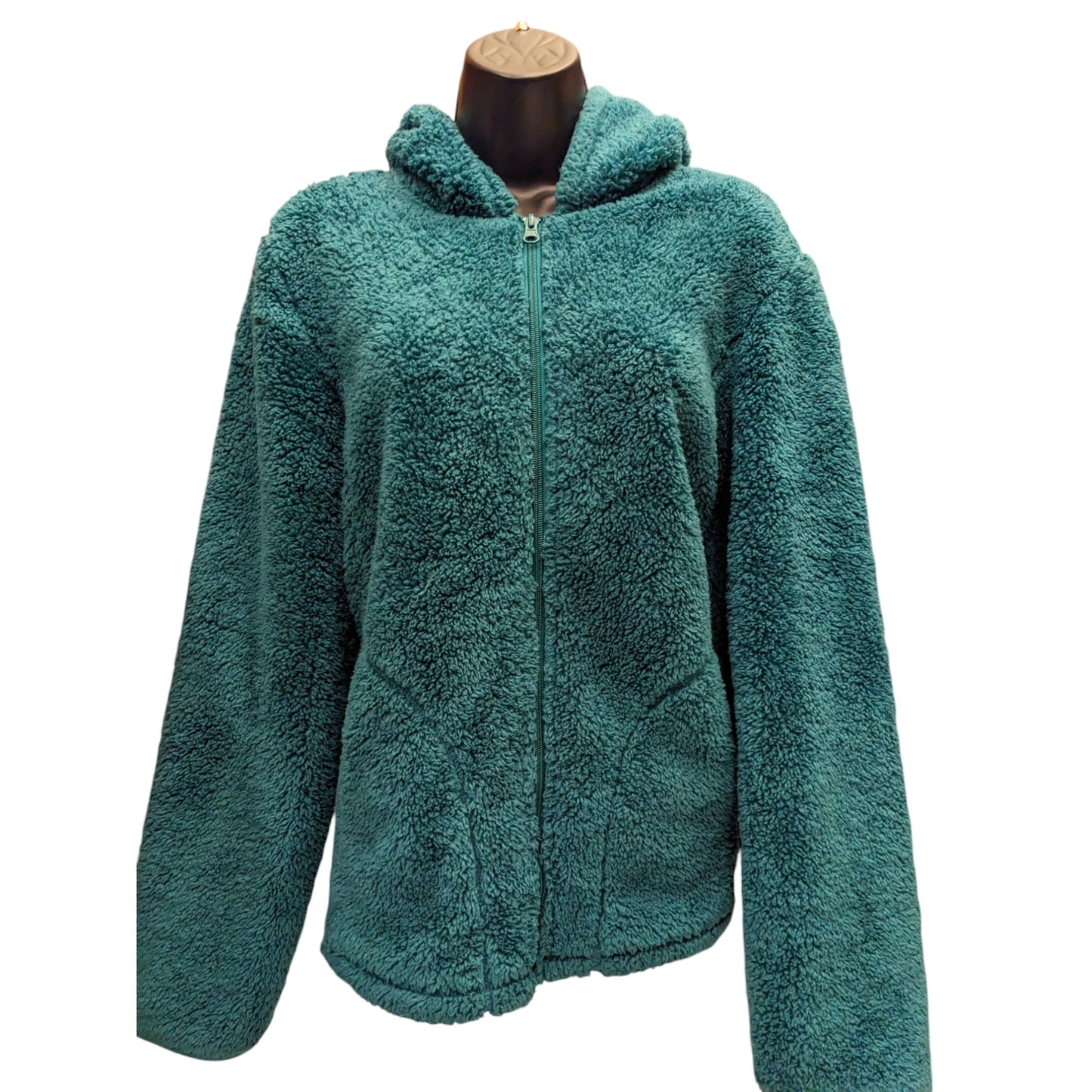 Faded Glory Sherpa Fleece Jacket Womens Large 12-14 Teal Hooded Zip Cozy Lounge