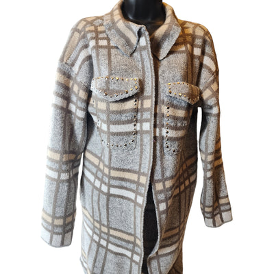 Madison Plaid Knit Cardigan Sweater Womens Large Open Front Layering Rhinestone