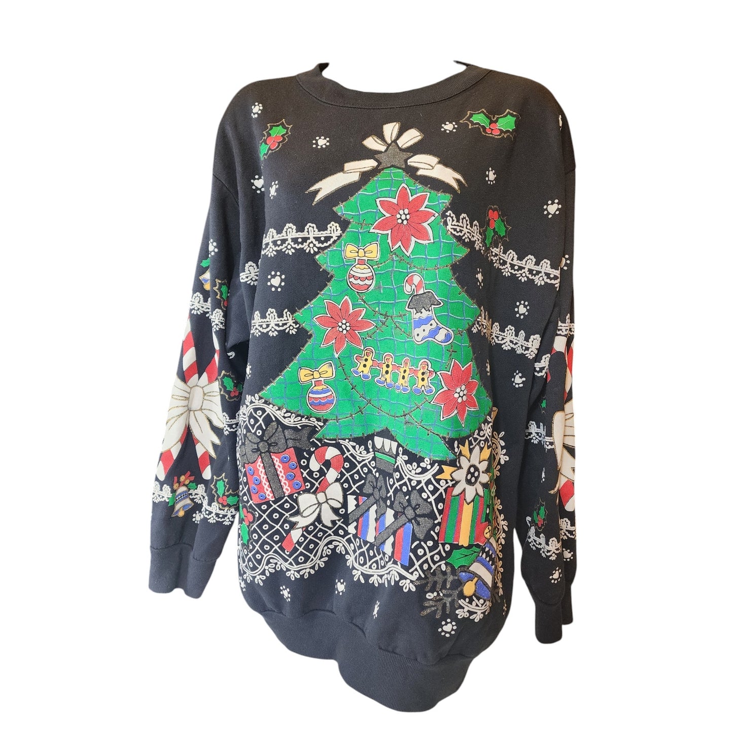 Holiday Time Christmas Sweatshirt Womens Large Ugly Xmas Sweater Tree Snowflakes