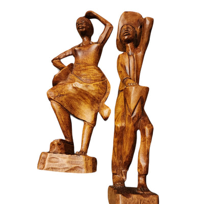 Vintage African Carved Wood Tribal Figurine Couple Dance Musicians Signed 19"