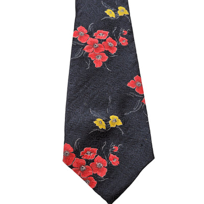 Vintage Mens Tie Black Red Yellow Floral Design Necktie Retro Cottagecore Y2K