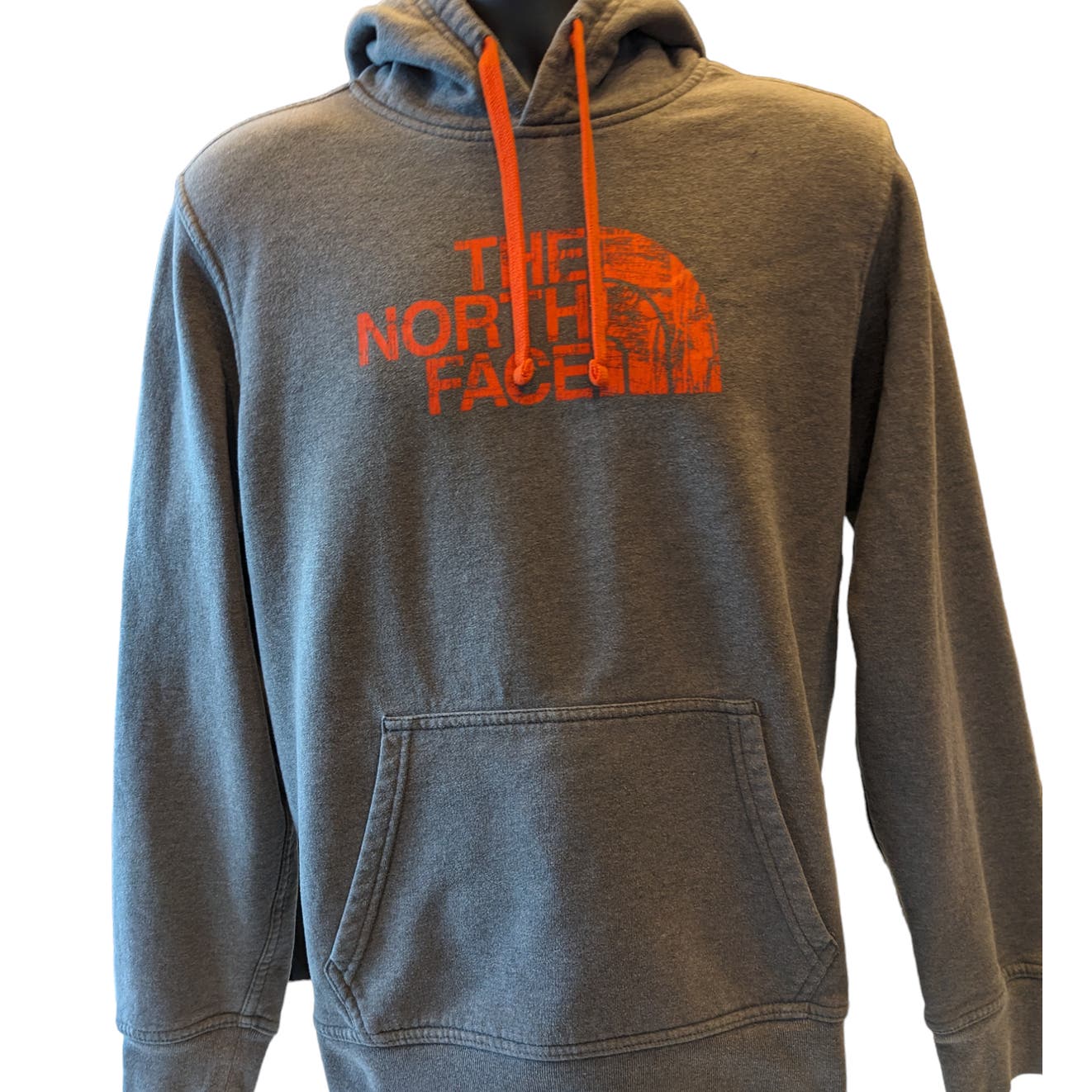 North Face Hoodie Mens Medium Gray Orange Pullover Kangaroo Pocket Drawstring