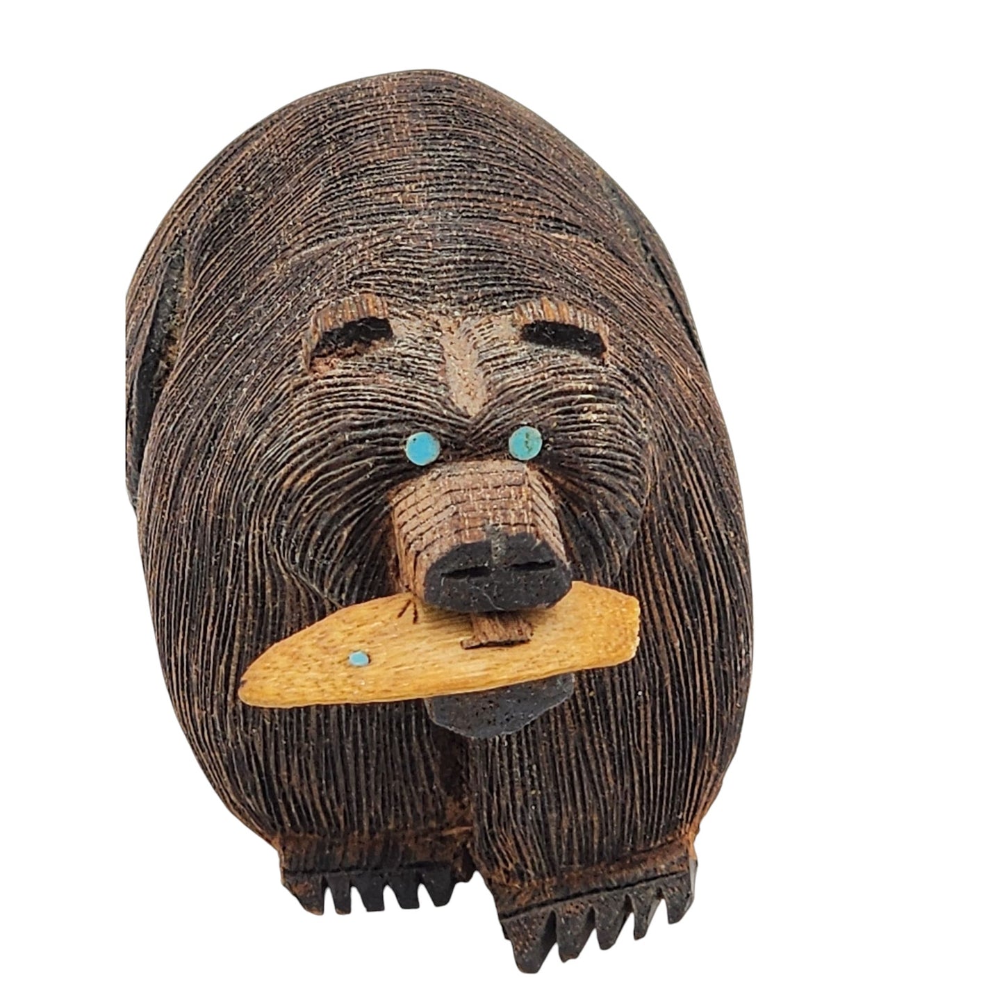 Native American Roderick Quam Zuni Bear Fetish Carved Wood Fish Turquoise Signed