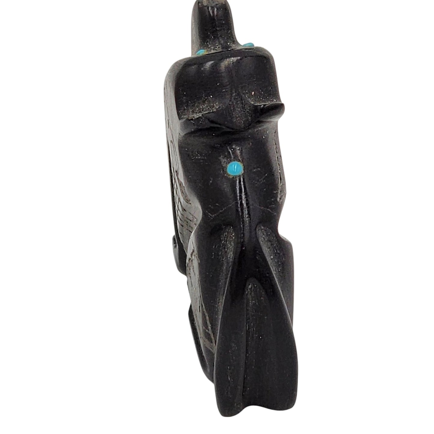 Native American Zuni Black Marble Bear Fetish Carved Stone Signed Turquoise