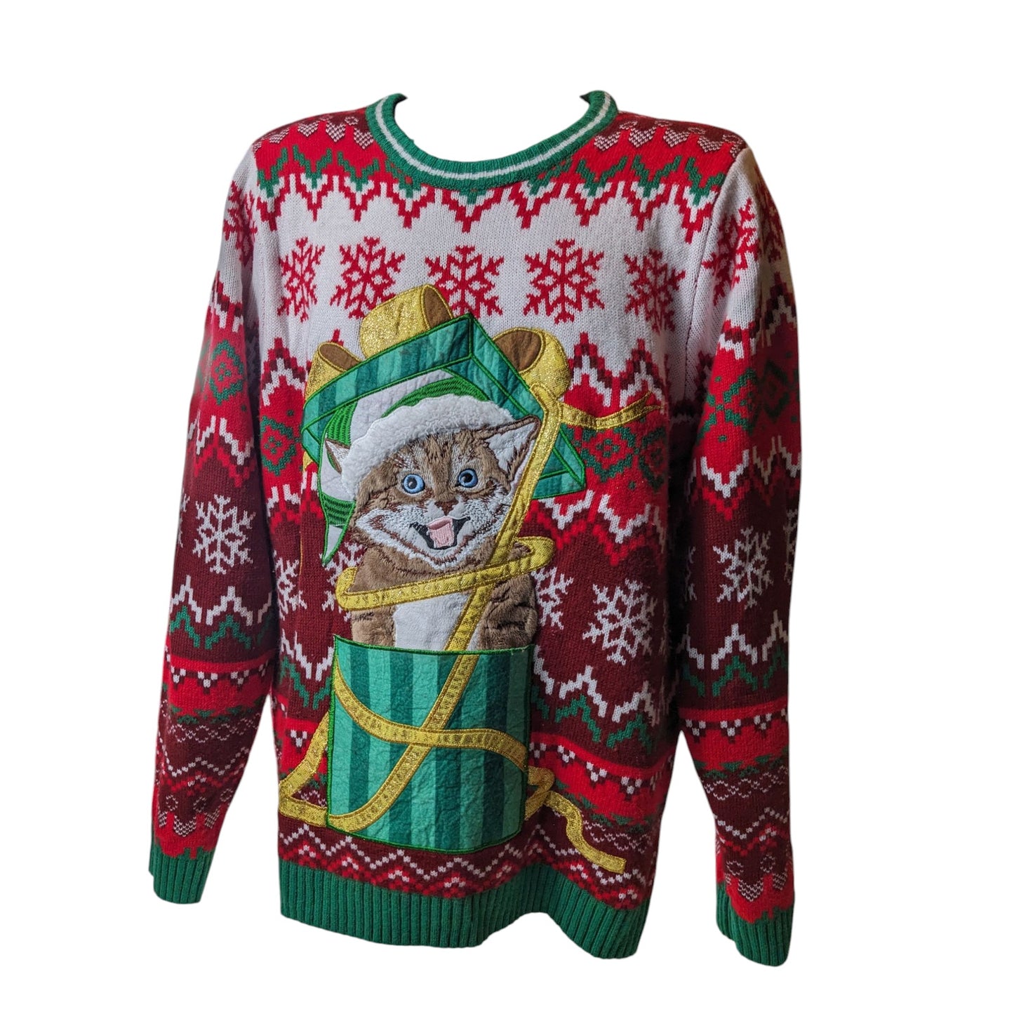 Holiday Time Ugly Christmas Sweater Mens Large Womens L-XL Kitten Cat Sweatshirt