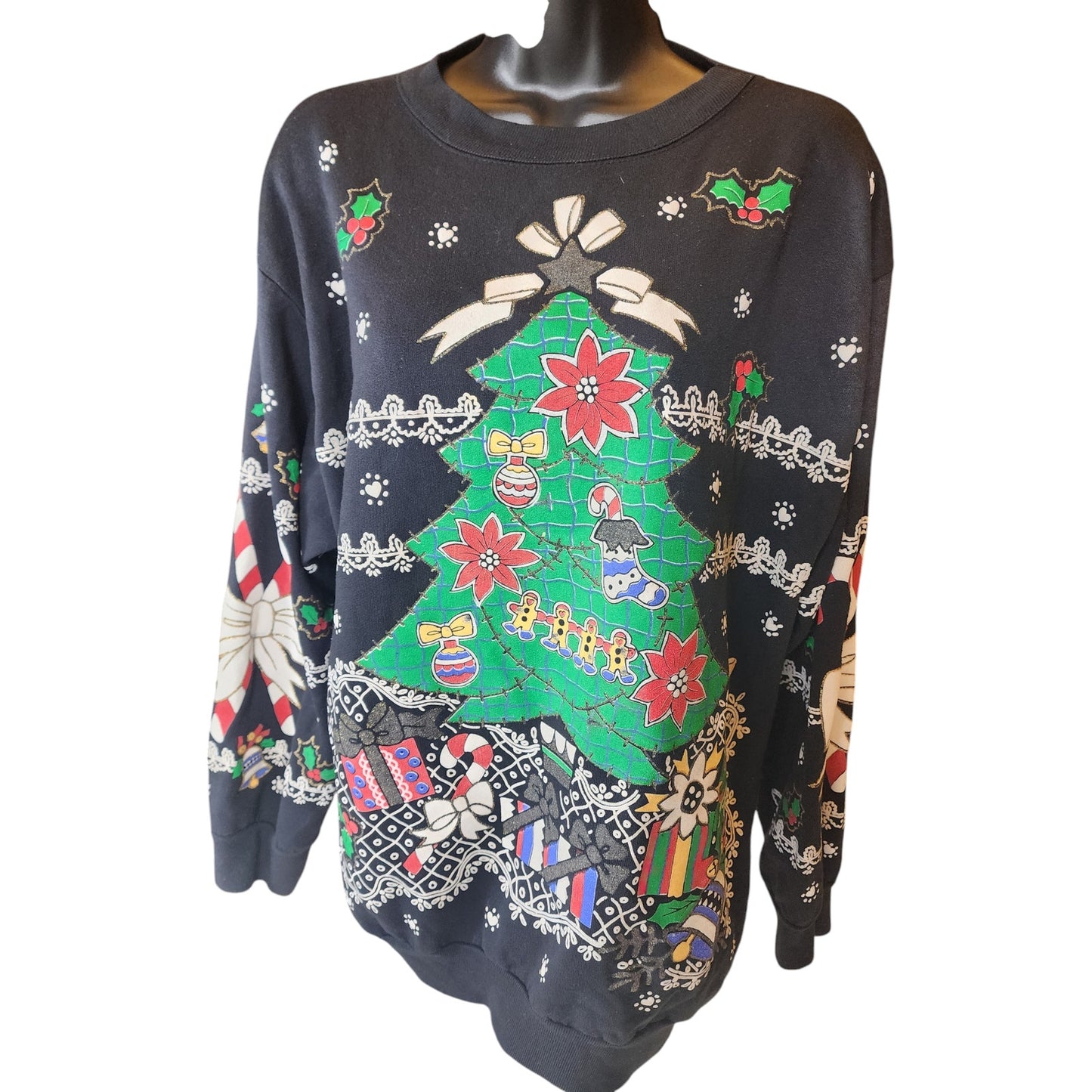 Holiday Time Christmas Sweatshirt Womens Large Ugly Xmas Sweater Tree Snowflakes