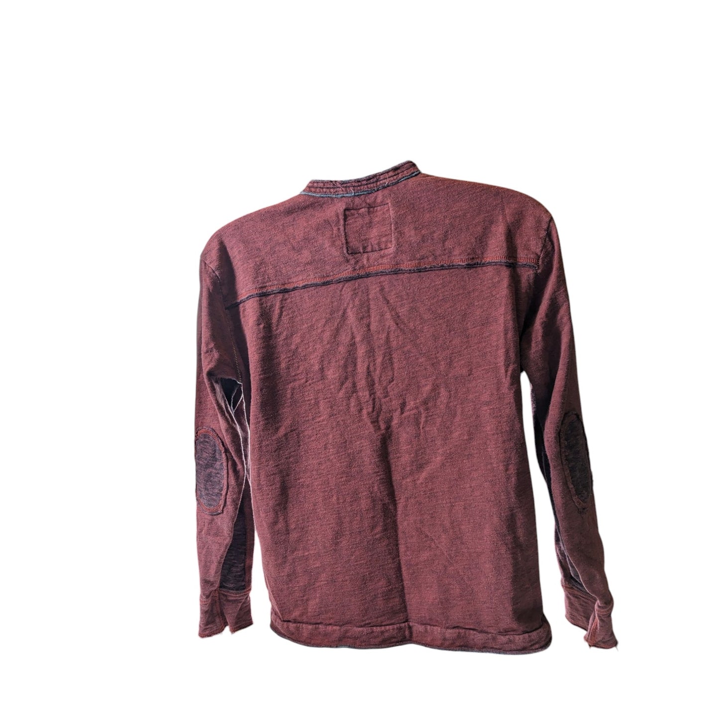 32 Bar Blues Henley Mens Medium Burgundy Long Sleeve Distressed Look Elbow Patch