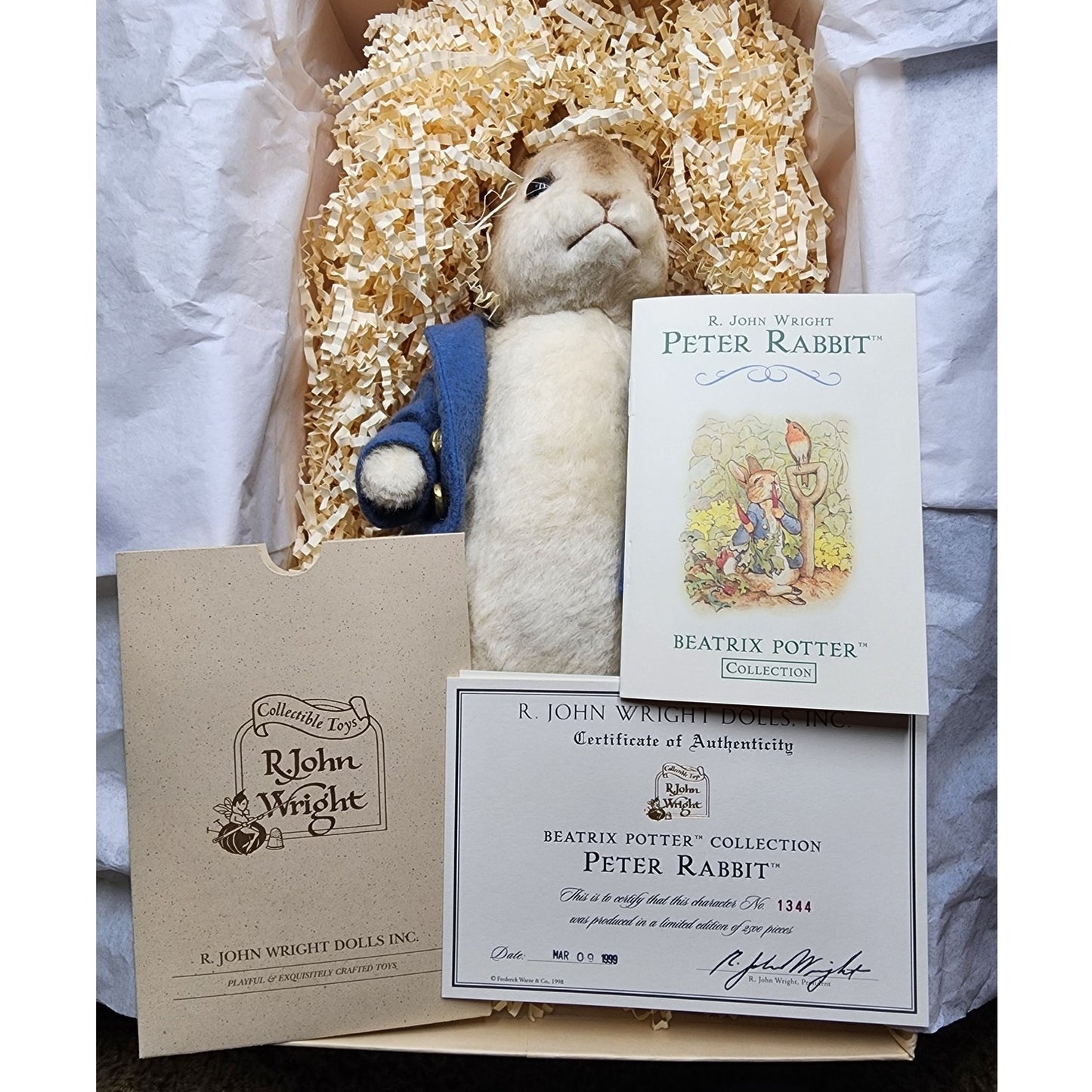 R John Wright Peter Rabbit Doll Beatrix Potter LE 1344/2500 Wool Felt COA Box