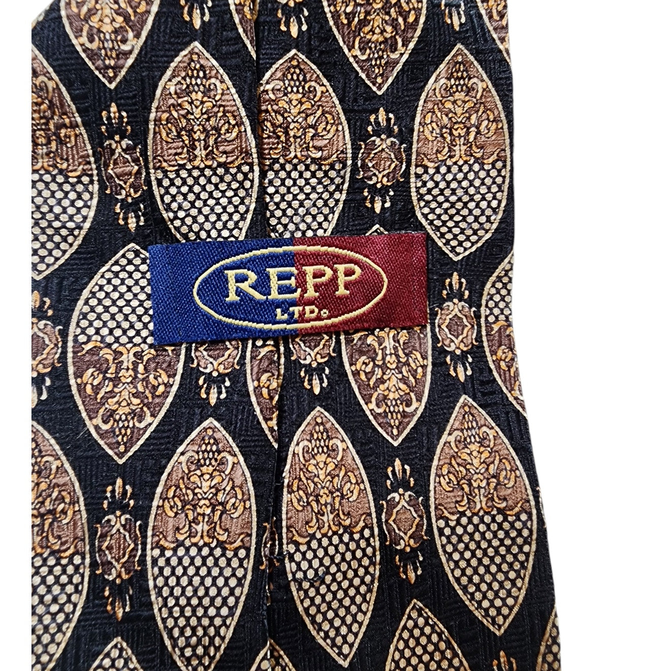 Vintage REPP Mens Silk Tie Black Gold Ornate Medallion Classic Formal Necktie