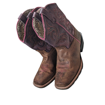 Dan Post Boots Kids Western Cowboy Size 1.5D Brown Distress Leather Pink Stitch