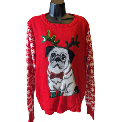 Absolutely Famous Ugly Christmas Sweater Womens XL Festive Pug Snowflake Holiday