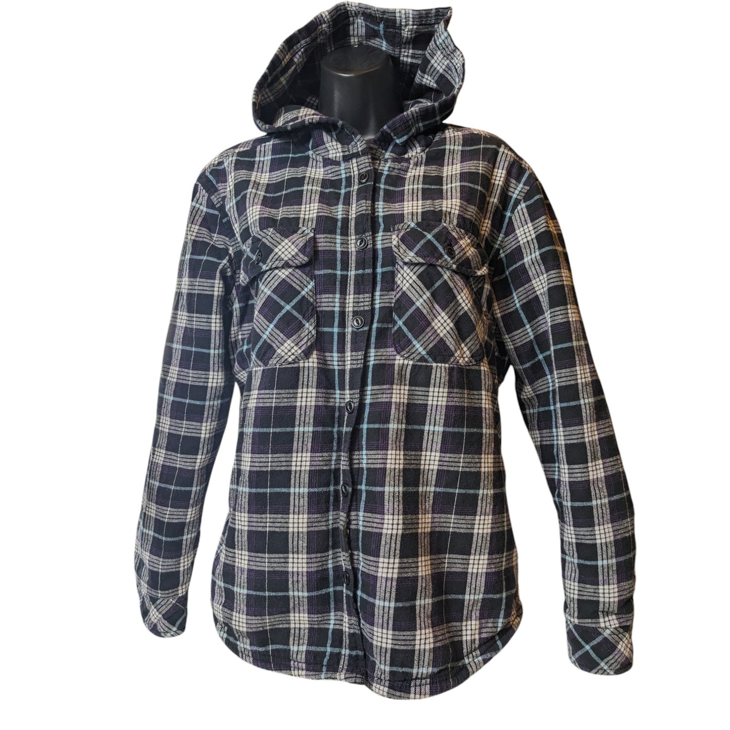 Boston Traders Flannel Jacket Shirt Women Large Sherpa Line Hooded Plaid Shacket