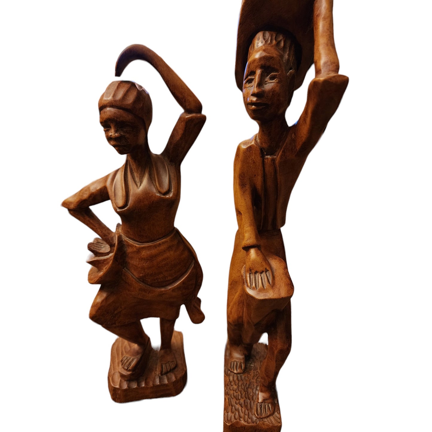 Vintage African Carved Wood Tribal Figurine Couple Dance Musicians Signed 19"